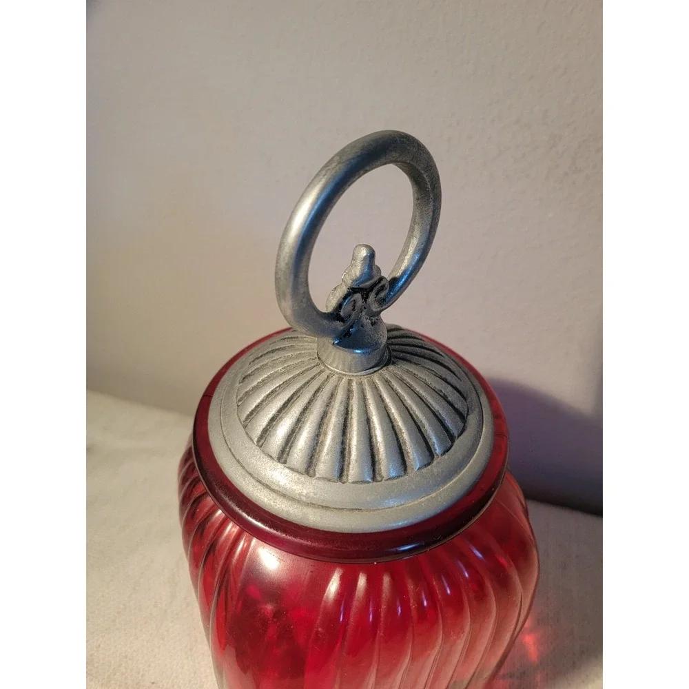 Vintage Artland‎ Painted Red Ribbed Glass Kitchen Canister Jar w Lid Large
